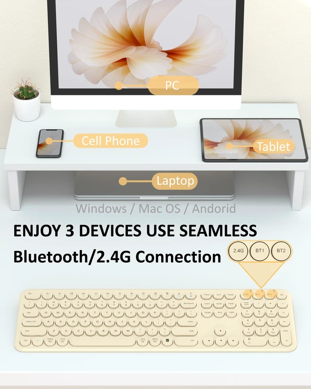 Alt view image 2 of 7 - Quiet Wireless Keyboard, Round Keycaps, Low Profile Slim Design (Khaki) | Cloud-W Bluetooth & 2.4G dual mode, 110-key full-size layout, quiet typing and compatibility with Mac, PC and laptops