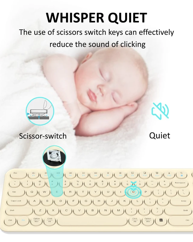 Alt view image 3 of 7 - Quiet Wireless Keyboard, Round Keycaps, Low Profile Slim Design (Khaki) | Cloud-W Bluetooth & 2.4G dual mode, 110-key full-size layout, quiet typing and compatibility with Mac, PC and laptops