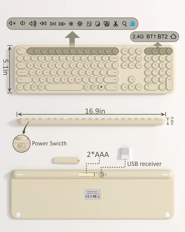 Alt view image 5 of 7 - Quiet Wireless Keyboard, Round Keycaps, Low Profile Slim Design (Khaki) | Cloud-W Bluetooth & 2.4G dual mode, 110-key full-size layout, quiet typing and compatibility with Mac, PC and laptops