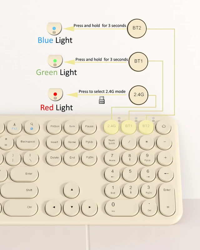 Alt view image 7 of 7 - Quiet Wireless Keyboard, Round Keycaps, Low Profile Slim Design (Khaki) | Cloud-W Bluetooth & 2.4G dual mode, 110-key full-size layout, quiet typing and compatibility with Mac, PC and laptops