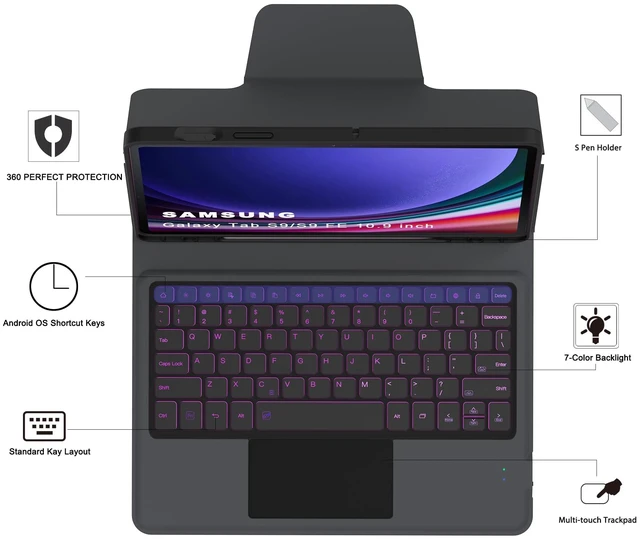 Alt view image 6 of 6 - for Samsung Galaxy Tab S10 Lite S10 FE/S9 FE 10.9"/S9 Backlit Keyboard Case | 7-Color Backlight, Multi-touch Trackpad, Rechargeable, Pen Holder, TPU Protective Book Cover
