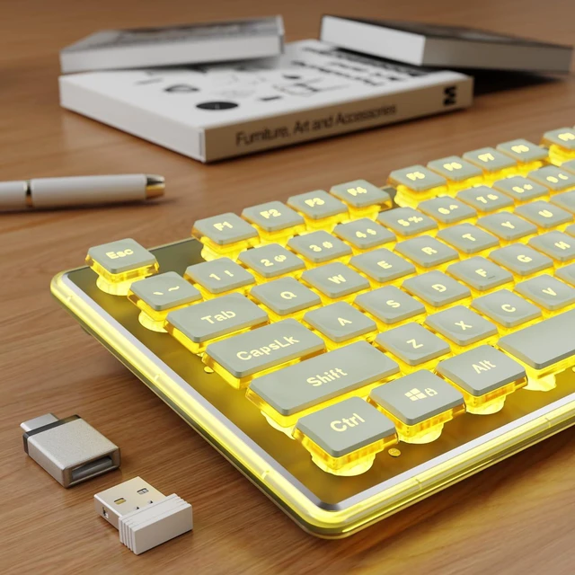 Main image of Wireless Keyboard with Warm Backlit, Quiet, Rechargeable, 2.4GHz, Green | Light Up Letters, 2000mAh Battery, Tilt Leg, Metal Panel, USB-A & C for Windows/Mac OS/Desktop/Laptop/PC
