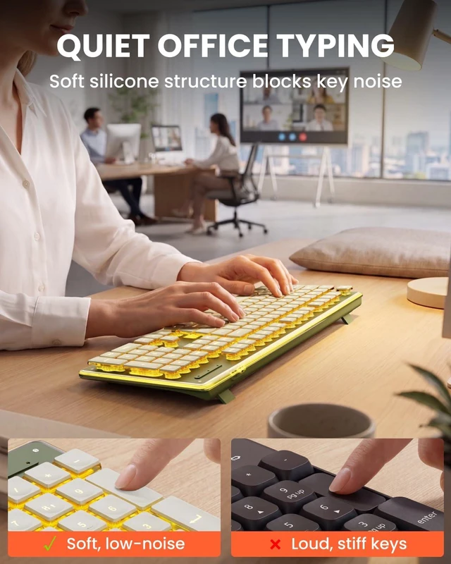 Alt view image 6 of 7 - Wireless Keyboard with Warm Backlit, Quiet, Rechargeable, 2.4GHz, Green | Light Up Letters, 2000mAh Battery, Tilt Leg, Metal Panel, USB-A & C for Windows/Mac OS/Desktop/Laptop/PC