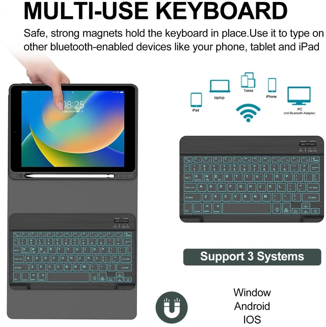 Alt view image 4 of 7 - iPad 10.2 inch Case with Keyboard, Detachable Bluetooth Keyboard with 7 Color Backlit, Slim Folio Smart Cover with Pencil Holder for iPad 9th/8th/7th Gen/iPad Pro 10.5"/iPad Air 3rd Gen Black