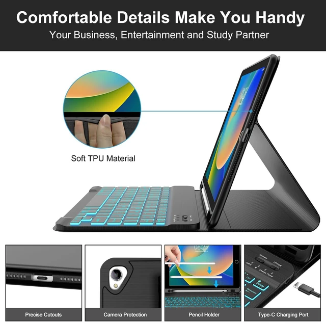 Alt view image 5 of 7 - iPad 10.2 inch Case with Keyboard, Detachable Bluetooth Keyboard with 7 Color Backlit, Slim Folio Smart Cover with Pencil Holder for iPad 9th/8th/7th Gen/iPad Pro 10.5"/iPad Air 3rd Gen Black