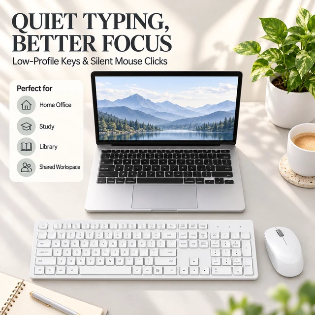 Alt view image 2 of 7 - White Wireless Keyboard and Mouse Combo, Full-Sized Ergonomic Computer Keyboard, 2.4GHz USB Cordless Keyboard Silent Mouse Set, 12 FN Shortcuts for Windows MacOS Laptop Computer