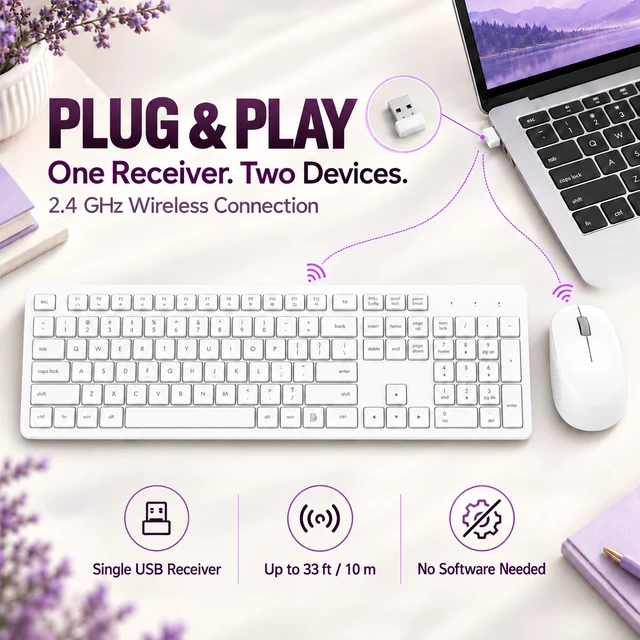 Alt view image 3 of 7 - White Wireless Keyboard and Mouse Combo, Full-Sized Ergonomic Computer Keyboard, 2.4GHz USB Cordless Keyboard Silent Mouse Set, 12 FN Shortcuts for Windows MacOS Laptop Computer