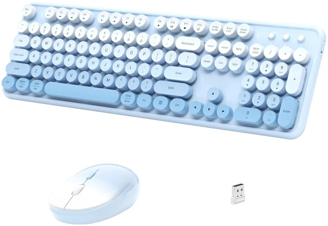 Main image of Colorful Wireless Keyboard and Mouse Combo (Blue Gradient) | Full-Size Retro Typewriter Style Keyboard with Vintage Round Keycaps, 2.4G Wireless Set for Windows, Mac, Laptop, PC, Tablet