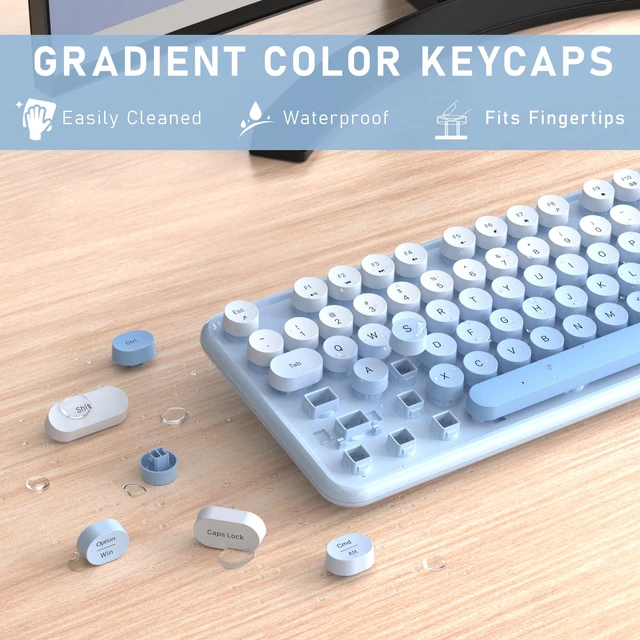 Alt view image 2 of 6 - Colorful Wireless Keyboard and Mouse Combo (Blue Gradient) | Full-Size Retro Typewriter Style Keyboard with Vintage Round Keycaps, 2.4G Wireless Set for Windows, Mac, Laptop, PC, Tablet