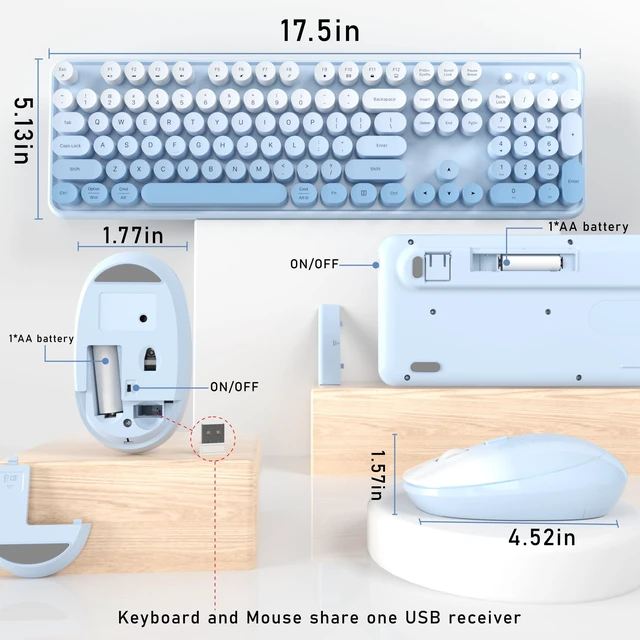 Alt view image 6 of 6 - Colorful Wireless Keyboard and Mouse Combo (Blue Gradient) | Full-Size Retro Typewriter Style Keyboard with Vintage Round Keycaps, 2.4G Wireless Set for Windows, Mac, Laptop, PC, Tablet