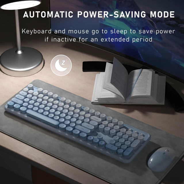 Alt view image 4 of 6 - Colorful Wireless Keyboard and Mouse Combo (Blue Gradient) | Full-Size Retro Typewriter Style Keyboard with Vintage Round Keycaps, 2.4G Wireless Set for Windows, Mac, Laptop, PC, Tablet