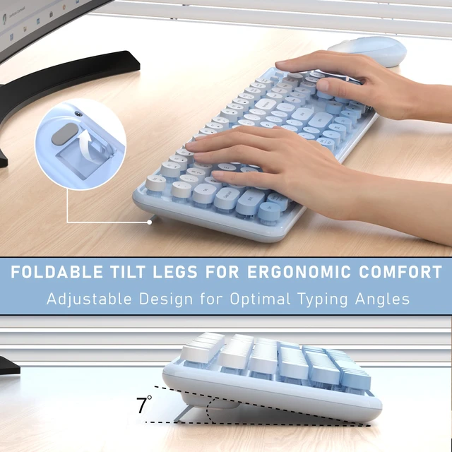 Alt view image 5 of 6 - Colorful Wireless Keyboard and Mouse Combo (Blue Gradient) | Full-Size Retro Typewriter Style Keyboard with Vintage Round Keycaps, 2.4G Wireless Set for Windows, Mac, Laptop, PC, Tablet