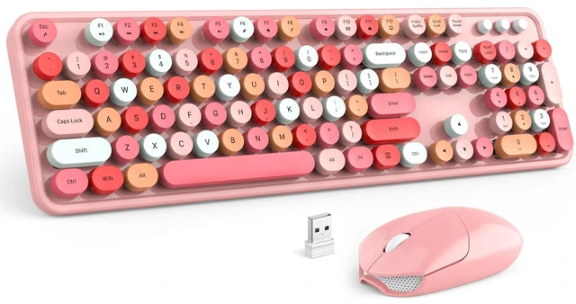 Main image of Wireless Keyboard and Mouse, Pink Colorful Round Key Retro Typewriter Keyboards, USB Wireless 2.4G Full Size Keyboard and Cute Mice Combo for Computer, Laptop, PC, Chromebook, Smart TV