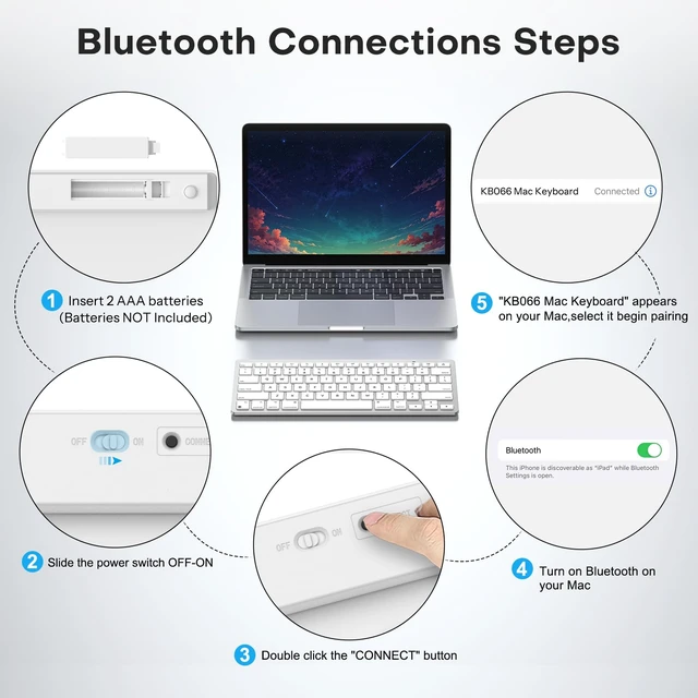Alt view image 4 of 7 - Wireless Keyboard for Mac, Bluetooth Stable, No Numpad, Travel Size | macOS Hotkeys, AAA Battery Powered, Compact Portable for Coffee Shop Office, Ergonomic for MacBook Pro/Air/iMac, Silverwhite