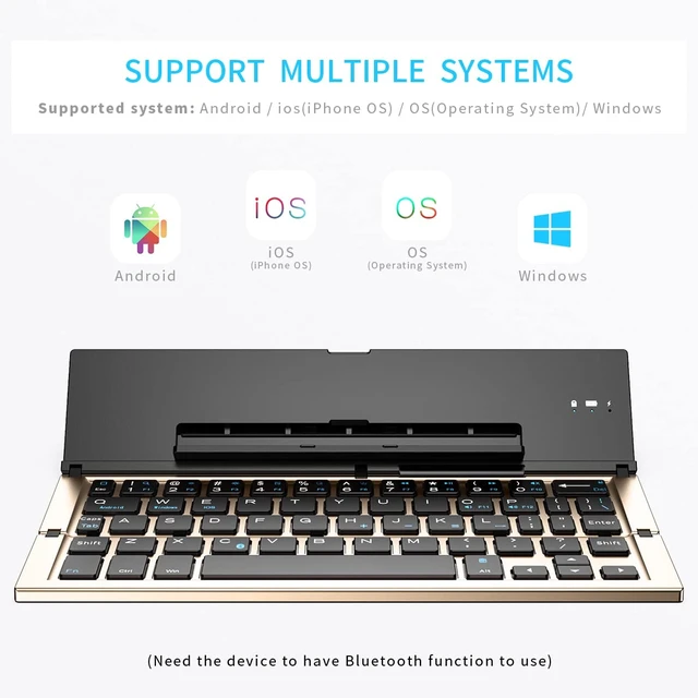 Alt view image 3 of 7 - Folding Bluetooth Keyboard, Wireless Foldable Keyboard with Portable Pocket Size, Aluminum Alloy Housing, Carrying Pouch, for iPad, iPhone, and More Tablets, and Smartphones(Gold)