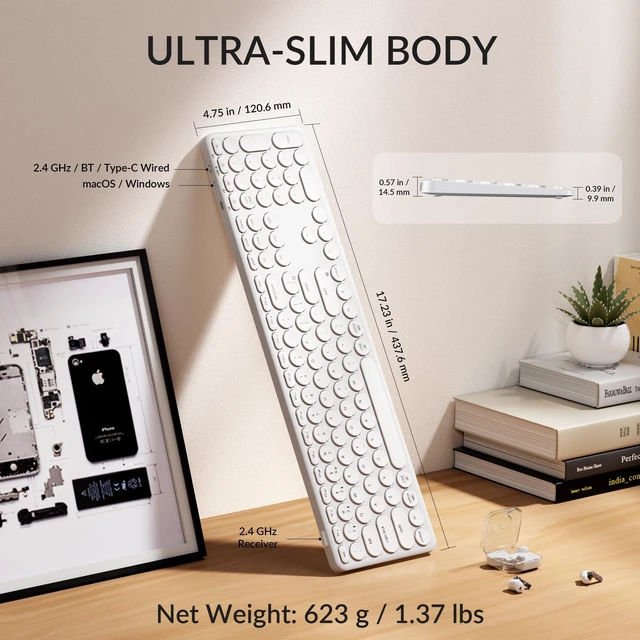 Alt view image 7 of 7 - B5 Pro Ultra-Slim Full-Size Wireless Keyboard, 112-Key Layout with Number Pad, 2.4 GHz Bluetooth 5.2 USB-C, 1000 Hz Polling, Launcher, 300 Hours Working Time, Mac Windows Linux - Ivory White