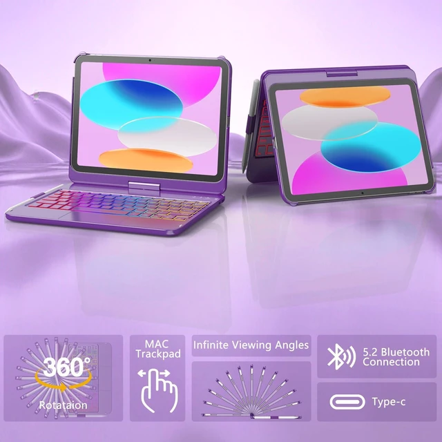 Alt view image 5 of 7 - for iPad A16 11th Generation/10th Generation Case with Keyboard,Touch Keyboard for iPad 11" /10th Gen 10.9 inch 2022-10 Color Backlight, 360° Rotatable Protective Cover (Purple)