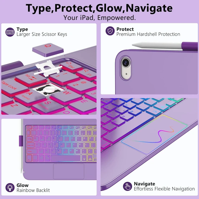 Alt view image 6 of 7 - for iPad A16 11th Generation/10th Generation Case with Keyboard,Touch Keyboard for iPad 11" /10th Gen 10.9 inch 2022-10 Color Backlight, 360° Rotatable Protective Cover (Purple)