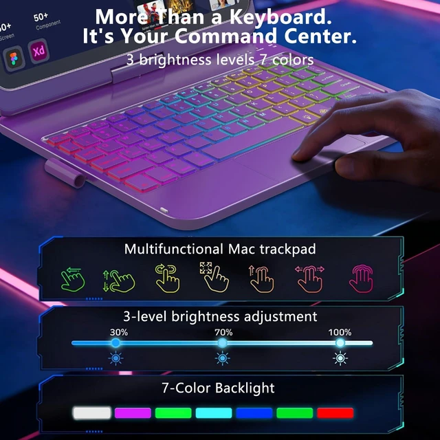 Alt view image 4 of 7 - for iPad A16 11th Generation/10th Generation Case with Keyboard,Touch Keyboard for iPad 11" /10th Gen 10.9 inch 2022-10 Color Backlight, 360° Rotatable Protective Cover (Purple)