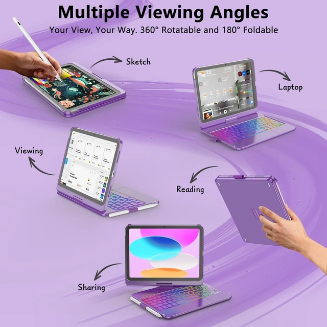 Alt view image 3 of 7 - for iPad A16 11th Generation/10th Generation Case with Keyboard,Touch Keyboard for iPad 11" /10th Gen 10.9 inch 2022-10 Color Backlight, 360° Rotatable Protective Cover (Purple)