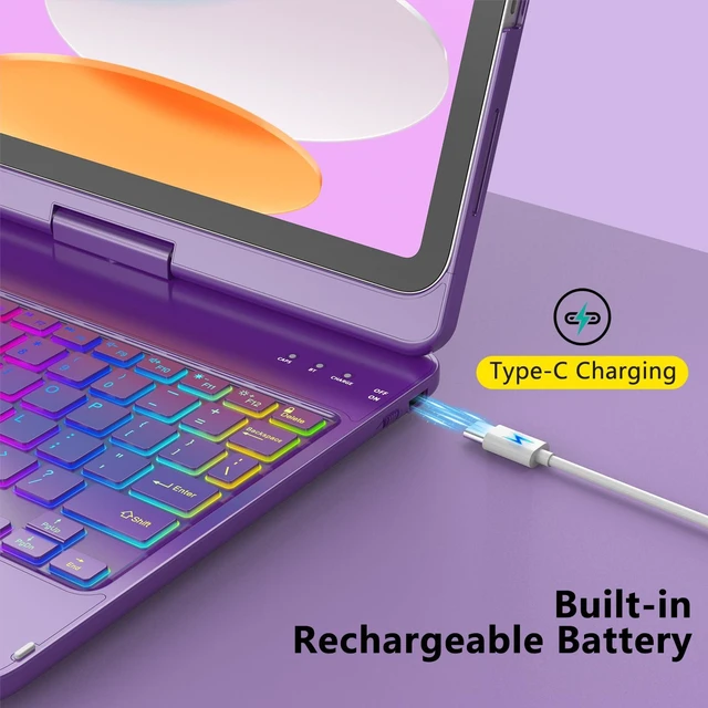 Alt view image 7 of 7 - for iPad A16 11th Generation/10th Generation Case with Keyboard,Touch Keyboard for iPad 11" /10th Gen 10.9 inch 2022-10 Color Backlight, 360° Rotatable Protective Cover (Purple)