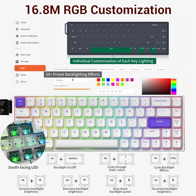 Alt view image 6 of 7 - HK-K22 Gaming Keyboard with Hall Effect Magnetic Switch, Rapid Fast Magnetic Keyboard with Adjustable Trigger, 8000Hz Polling, RGB Backlit 65% Compact Keyboard Design for PC(White)
