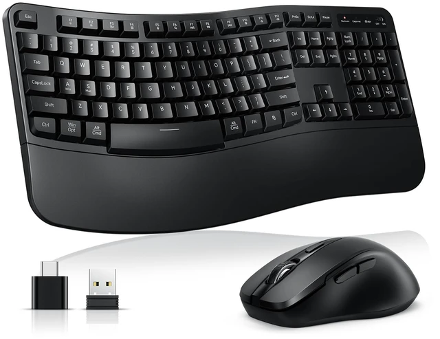 Main image of Wireless Keyboard and Mouse Combo, Ergonomic Wave Silent Keys, Full Size | 2.4G Ergonomic Keyboard with Wrist Rest, USB-A & USB-C Adapter, 4-Level DPI Quiet Mouse for Windows/Mac OS/Computer/Laptop