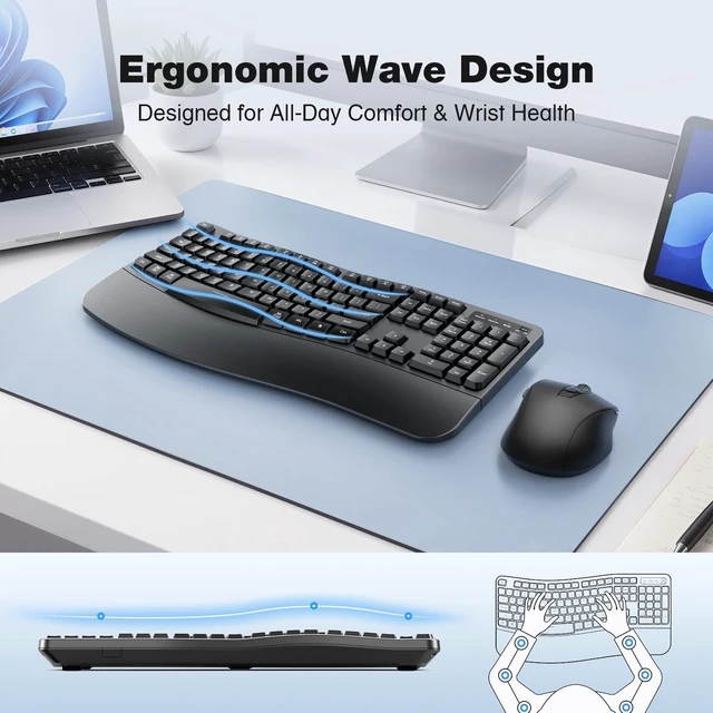 Alt view image 2 of 7 - Wireless Keyboard and Mouse Combo, Ergonomic Wave Silent Keys, Full Size | 2.4G Ergonomic Keyboard with Wrist Rest, USB-A & USB-C Adapter, 4-Level DPI Quiet Mouse for Windows/Mac OS/Computer/Laptop
