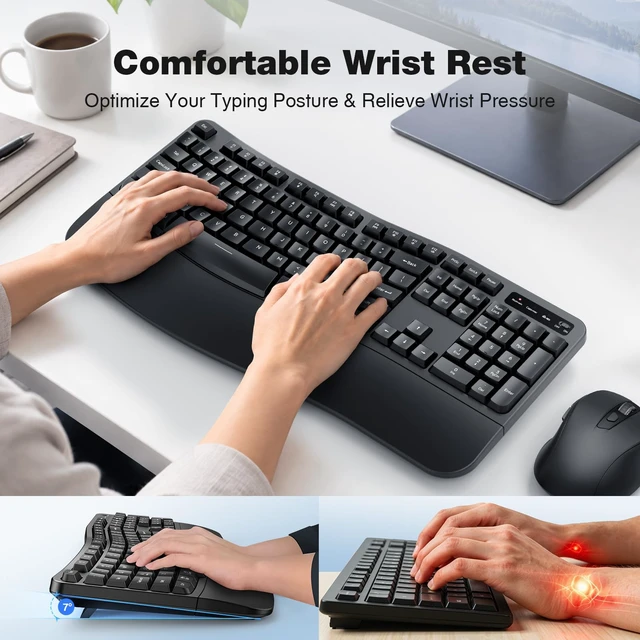 Alt view image 3 of 7 - Wireless Keyboard and Mouse Combo, Ergonomic Wave Silent Keys, Full Size | 2.4G Ergonomic Keyboard with Wrist Rest, USB-A & USB-C Adapter, 4-Level DPI Quiet Mouse for Windows/Mac OS/Computer/Laptop