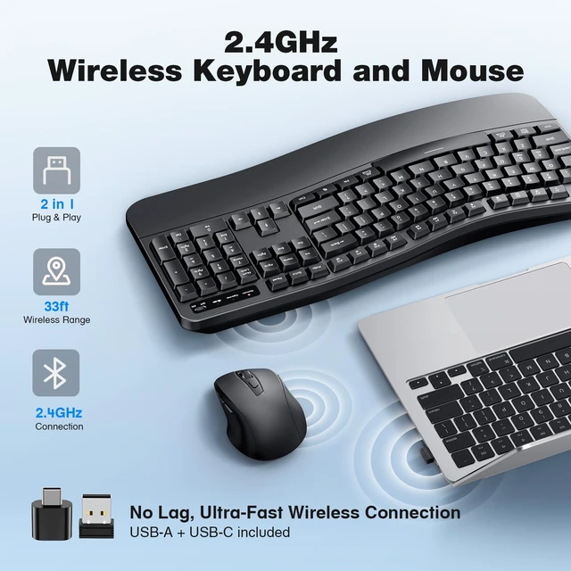 Alt view image 4 of 7 - Wireless Keyboard and Mouse Combo, Ergonomic Wave Silent Keys, Full Size | 2.4G Ergonomic Keyboard with Wrist Rest, USB-A & USB-C Adapter, 4-Level DPI Quiet Mouse for Windows/Mac OS/Computer/Laptop