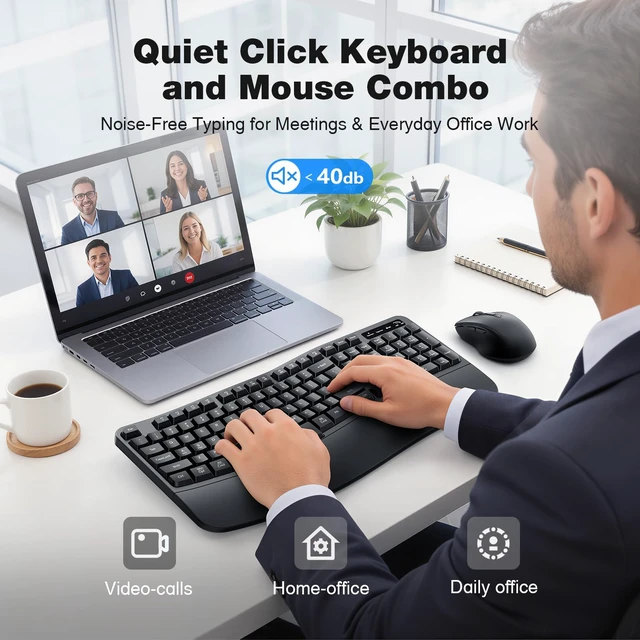 Alt view image 6 of 7 - Wireless Keyboard and Mouse Combo, Ergonomic Wave Silent Keys, Full Size | 2.4G Ergonomic Keyboard with Wrist Rest, USB-A & USB-C Adapter, 4-Level DPI Quiet Mouse for Windows/Mac OS/Computer/Laptop