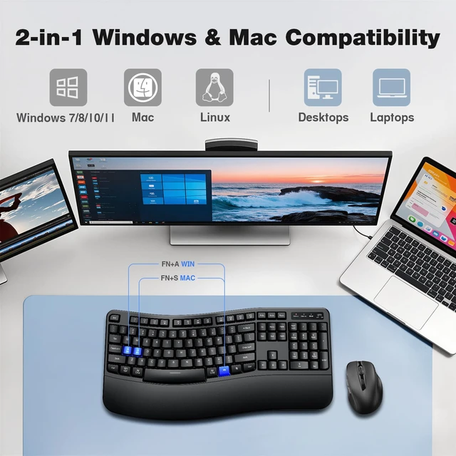 Alt view image 7 of 7 - Wireless Keyboard and Mouse Combo, Ergonomic Wave Silent Keys, Full Size | 2.4G Ergonomic Keyboard with Wrist Rest, USB-A & USB-C Adapter, 4-Level DPI Quiet Mouse for Windows/Mac OS/Computer/Laptop