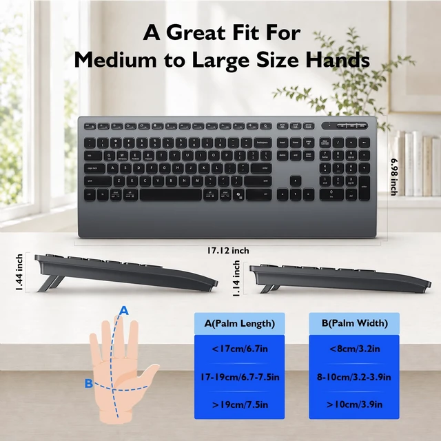 Alt view image 3 of 3 - Bluetooth Wireless Keyboard Ergonomic with Wrist Rest,USB/Bluetooth*2,Full-Size Multi-device keyboards,4 Systems,8 Adjustable Angles,Number Pad,Long Battery Life for MacBook/PC/Laptop/Mac/Office/Home