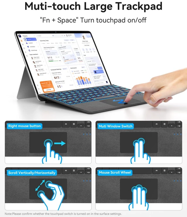 Alt view image 4 of 6 - Wireless Keyboard Type Cover for Microsoft Surface Pro 7 Plus 7/6/5/4/3 | Bluetooth 7 Color Backlit Ultra-Slim Portable Magnetic Keyboard with Trackpad, USB-C Recharge, Black
