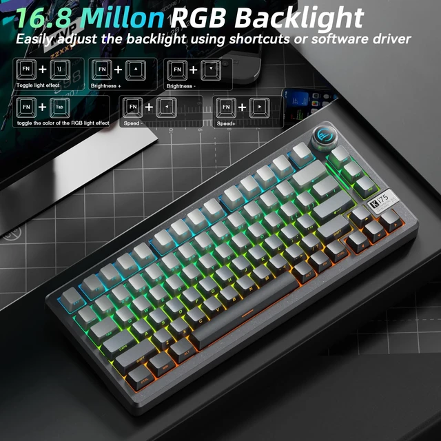 Alt view image 5 of 6 - SOLAKAKA KI75 Wireless Gaming Keyboard, 75% Mechanical Aluminum Keyboard | Hot-swap Gasket Mount Creamy Keyboad with Knob, Tri-Mode BT/USB-C/2.4GHz, Thocky Custom RGB Backlit Keyboard for PC/Laptop