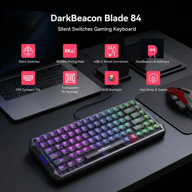 Alt view image 2 of 7 - Blade84 TKL Silent Mechanical Keyboard, Quiet Typing, Programmable 84 Keys, AI-Software, 8000Hz N-Key Rollover, Hot Swap Gasket Structure, RGB Wired Gaming Keyboard for Win/Mac