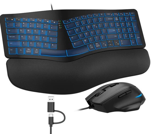Main image of Wired Backlit Ergonomic Keyboard Mouse Combo,Curved Split,Wrist Rest | Full-Size,7 Colors Backlight,USB-A/USB-C,Plug&Play,Lag-Free,4 DPI Levels,Scissor Keys,Quiet Natural Typing,for Windows/Mac/PC