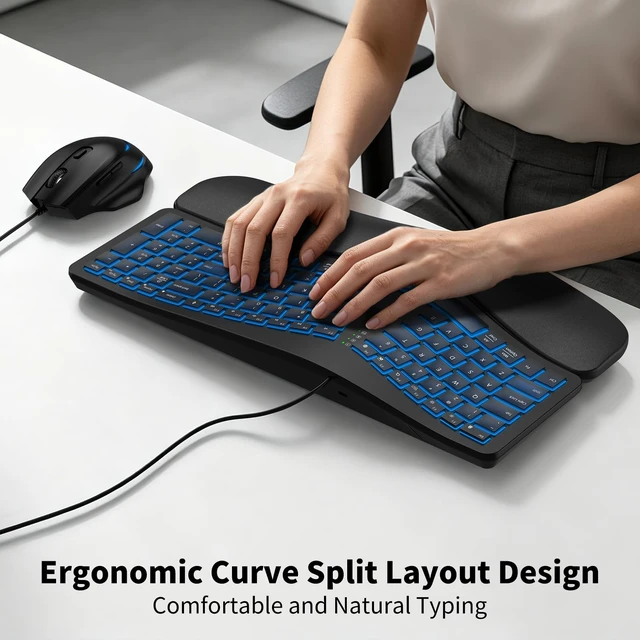 Alt view image 2 of 7 - Wired Backlit Ergonomic Keyboard Mouse Combo,Curved Split,Wrist Rest | Full-Size,7 Colors Backlight,USB-A/USB-C,Plug&Play,Lag-Free,4 DPI Levels,Scissor Keys,Quiet Natural Typing,for Windows/Mac/PC
