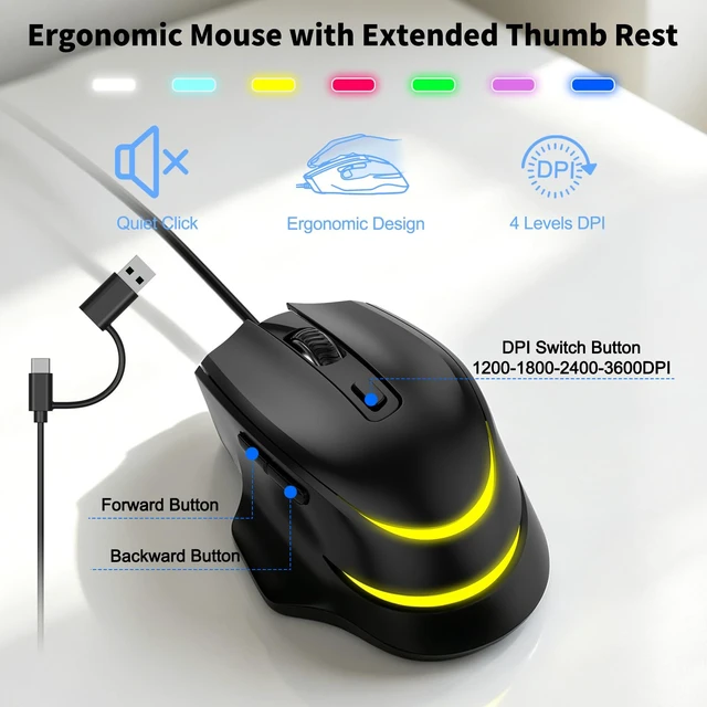 Alt view image 6 of 7 - Wired Backlit Ergonomic Keyboard Mouse Combo,Curved Split,Wrist Rest | Full-Size,7 Colors Backlight,USB-A/USB-C,Plug&Play,Lag-Free,4 DPI Levels,Scissor Keys,Quiet Natural Typing,for Windows/Mac/PC