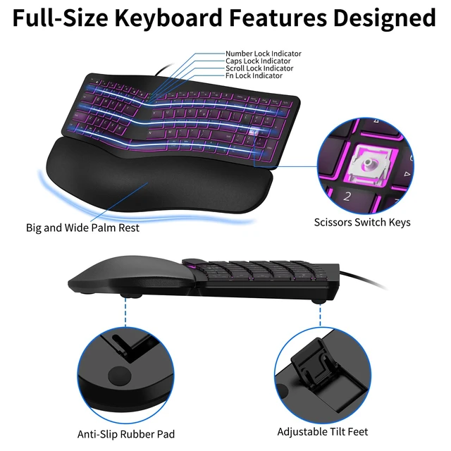 Alt view image 5 of 7 - Wired Backlit Ergonomic Keyboard Mouse Combo,Curved Split,Wrist Rest | Full-Size,7 Colors Backlight,USB-A/USB-C,Plug&Play,Lag-Free,4 DPI Levels,Scissor Keys,Quiet Natural Typing,for Windows/Mac/PC
