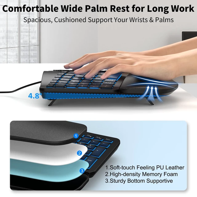 Alt view image 4 of 7 - Wired Backlit Ergonomic Keyboard Mouse Combo,Curved Split,Wrist Rest | Full-Size,7 Colors Backlight,USB-A/USB-C,Plug&Play,Lag-Free,4 DPI Levels,Scissor Keys,Quiet Natural Typing,for Windows/Mac/PC