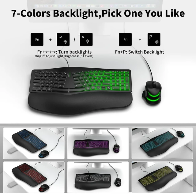 Alt view image 7 of 7 - Wired Backlit Ergonomic Keyboard Mouse Combo,Curved Split,Wrist Rest | Full-Size,7 Colors Backlight,USB-A/USB-C,Plug&Play,Lag-Free,4 DPI Levels,Scissor Keys,Quiet Natural Typing,for Windows/Mac/PC
