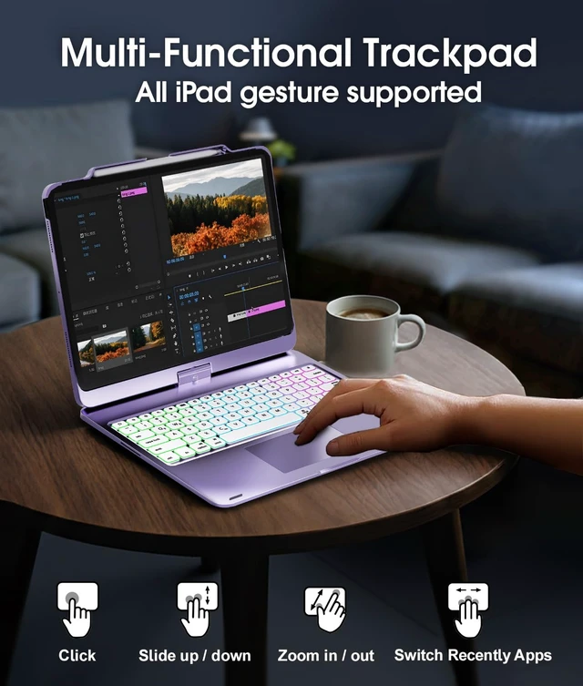 Alt view image 4 of 7 - Keyboard Case for iPad Pro 13/Air 13/Pro 12.9, 360 Rotating, Purple | For iPad Pro 13(M5/M4), iPad Air 13, iPad Pro 12.9, Multi-touch Trackpad, 7 Modes, Adjustable Rainbow Backlit, Pencil Holder