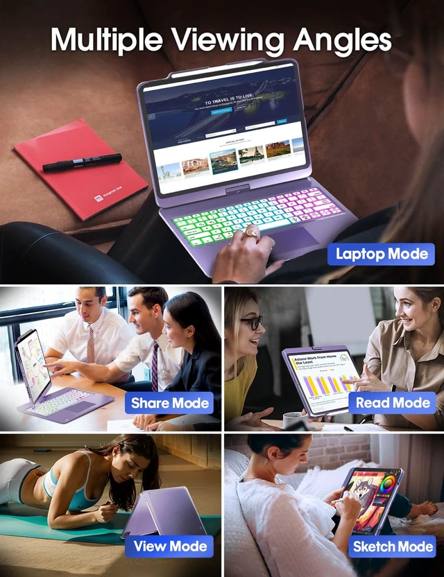 Alt view image 2 of 7 - Keyboard Case for iPad Pro 13/Air 13/Pro 12.9, 360 Rotating, Purple | For iPad Pro 13(M5/M4), iPad Air 13, iPad Pro 12.9, Multi-touch Trackpad, 7 Modes, Adjustable Rainbow Backlit, Pencil Holder