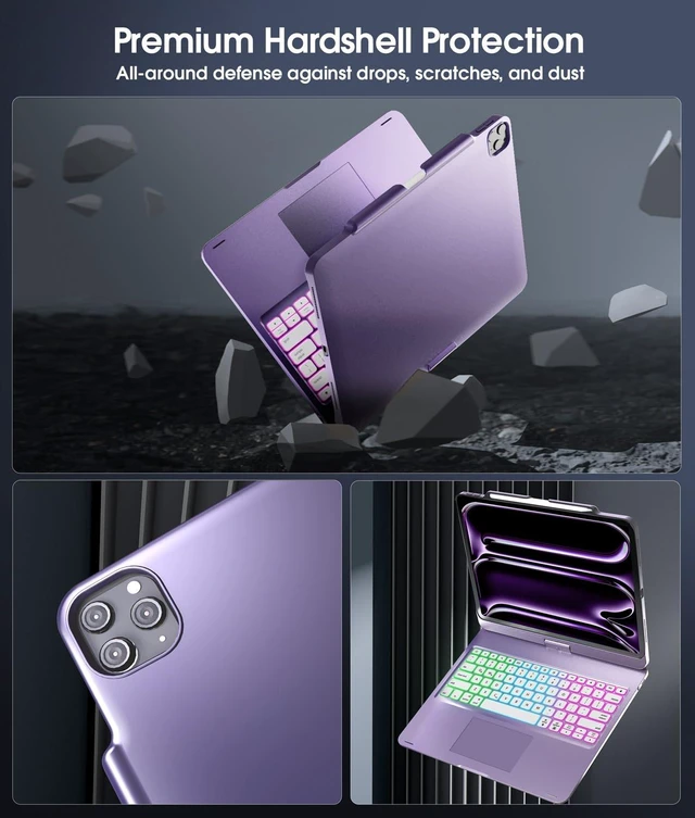 Alt view image 7 of 7 - Keyboard Case for iPad Pro 13/Air 13/Pro 12.9, 360 Rotating, Purple | For iPad Pro 13(M5/M4), iPad Air 13, iPad Pro 12.9, Multi-touch Trackpad, 7 Modes, Adjustable Rainbow Backlit, Pencil Holder