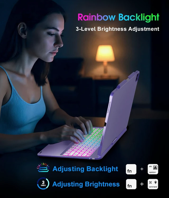 Alt view image 6 of 7 - Keyboard Case for iPad Pro 13/Air 13/Pro 12.9, 360 Rotating, Purple | For iPad Pro 13(M5/M4), iPad Air 13, iPad Pro 12.9, Multi-touch Trackpad, 7 Modes, Adjustable Rainbow Backlit, Pencil Holder