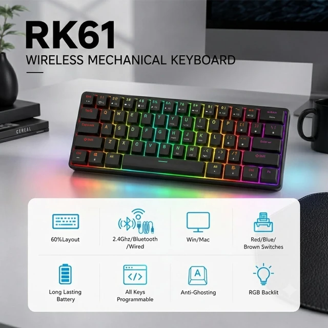 Alt view image 2 of 7 - RK61 60% Wireless Mechanical Keyboard w/Coiled Cable, Black | 60% RGB Gaming Keyboard with Bluetooth/2.4GHz/Wired, Hot Swappable 61 Keys Ultra-Compact for Win/Mac/PC, Tactile Brown Switch