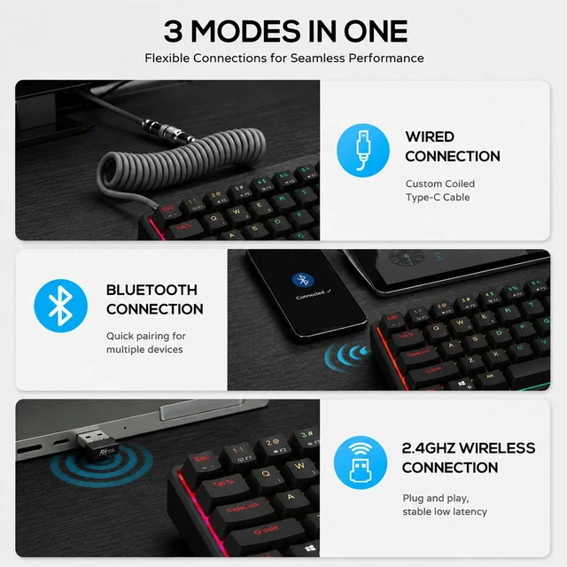 Alt view image 3 of 7 - RK61 60% Wireless Mechanical Keyboard w/Coiled Cable, Black | 60% RGB Gaming Keyboard with Bluetooth/2.4GHz/Wired, Hot Swappable 61 Keys Ultra-Compact for Win/Mac/PC, Tactile Brown Switch
