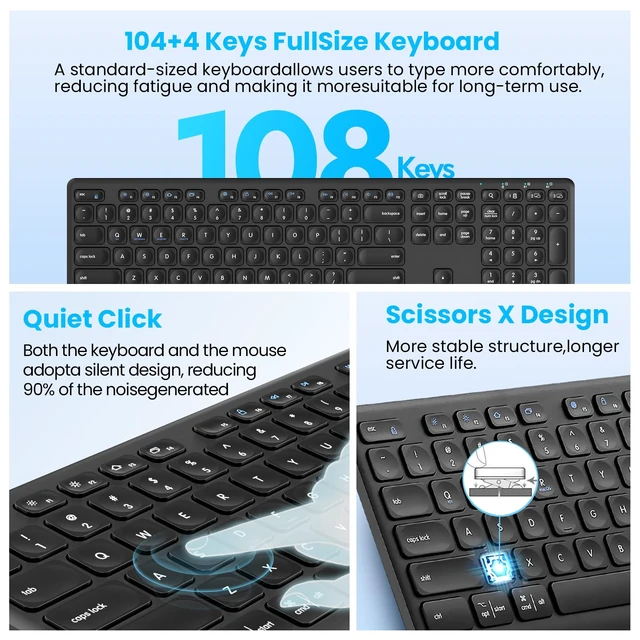 Alt view image 4 of 7 - Wireless Bluetooth Keyboard, Support Multi Device Switching, Full Size, Scissor-Switch Keys Silent Design for Computer, Laptop, MacBook and iPad
