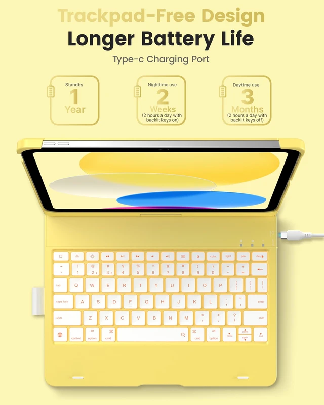 Alt view image 3 of 7 - Flexbook Trackpad-Free Keyboard Case for iPad A16 11th/10th Gen | 360° Rotating, 11-Color Backlit Keys, Pencil Holder; Fits iPad A16 11 (2025) & 10th Gen 10.9 (2022), Yellow